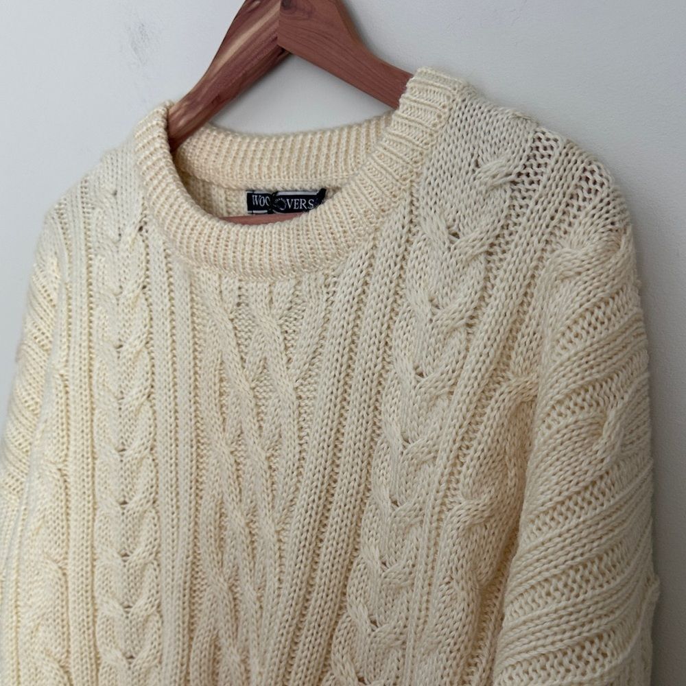 WoolOvers Men’s XL Fisherman Cable Knit Wool Sweater Cream Ivory Aran Pullover - Picture 3 of 13